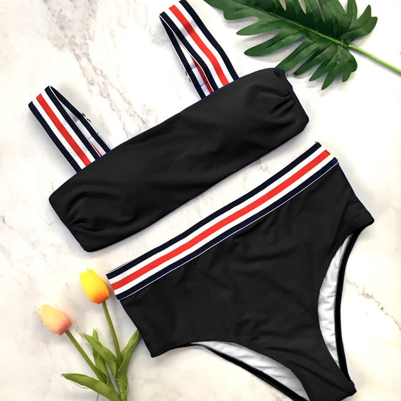 F4695 Vintage Bikini Swimsuit Strap Padded High Waist Striped Swimwear Set